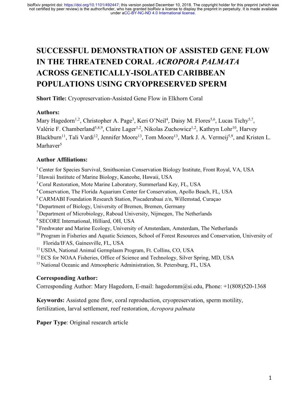 Successful Demonstration of Assisted Gene Flow in the Threatened Coral Acropora Palmata Across Genetically-Isolated Caribbean Populations Using Cryopreserved Sperm