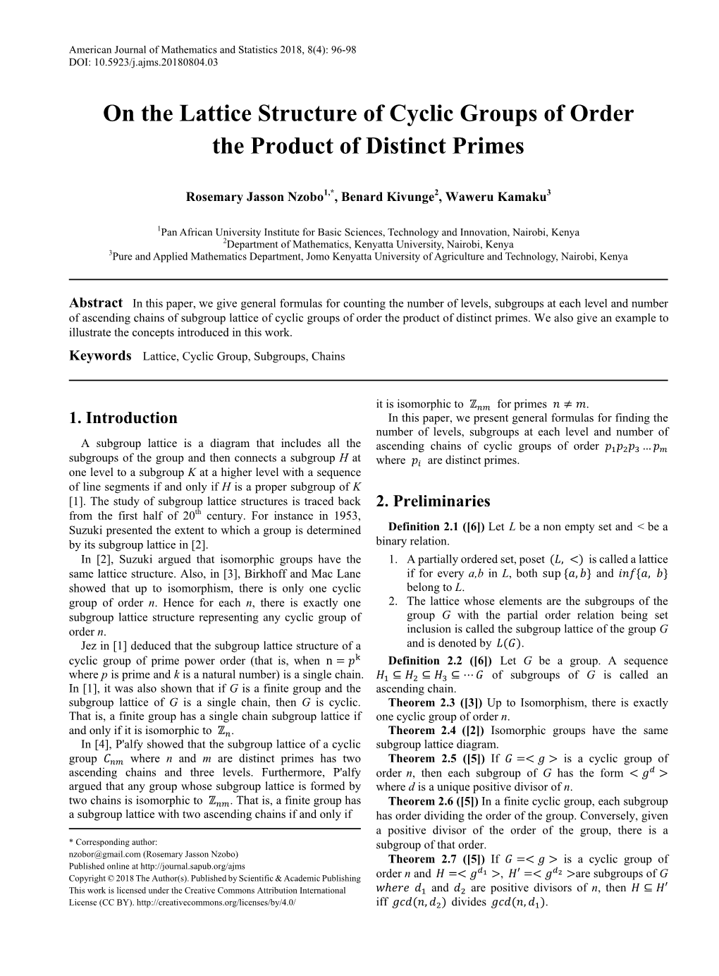 On the Lattice Structure of Cyclic Groups of Order the Product of Distinct Primes