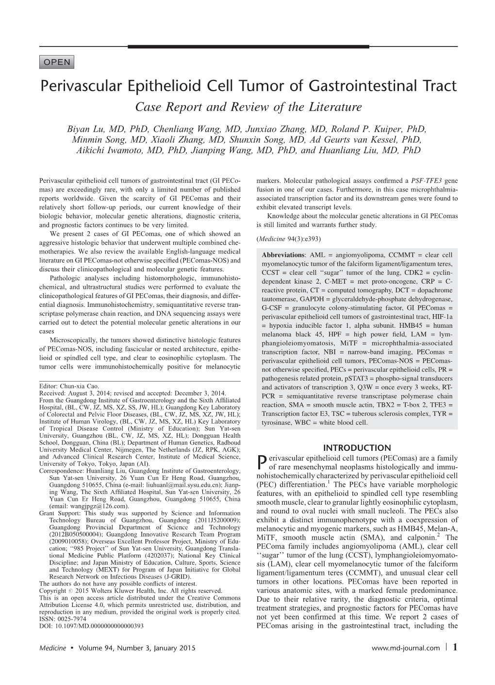 Perivascular Epithelioid Cell Tumor of Gastrointestinal Tract Case Report and Review of the Literature