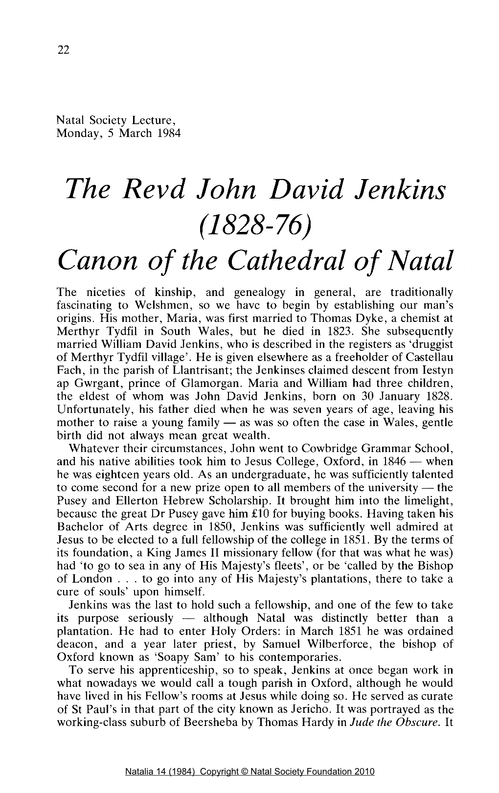 The Revd John David Jenkins (1828-76)