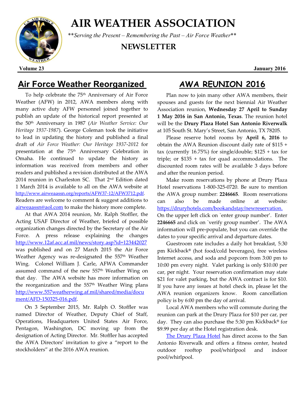 January 2016 Newsletter and in Your Unit/Squadron Association Newsletters As Applicable)