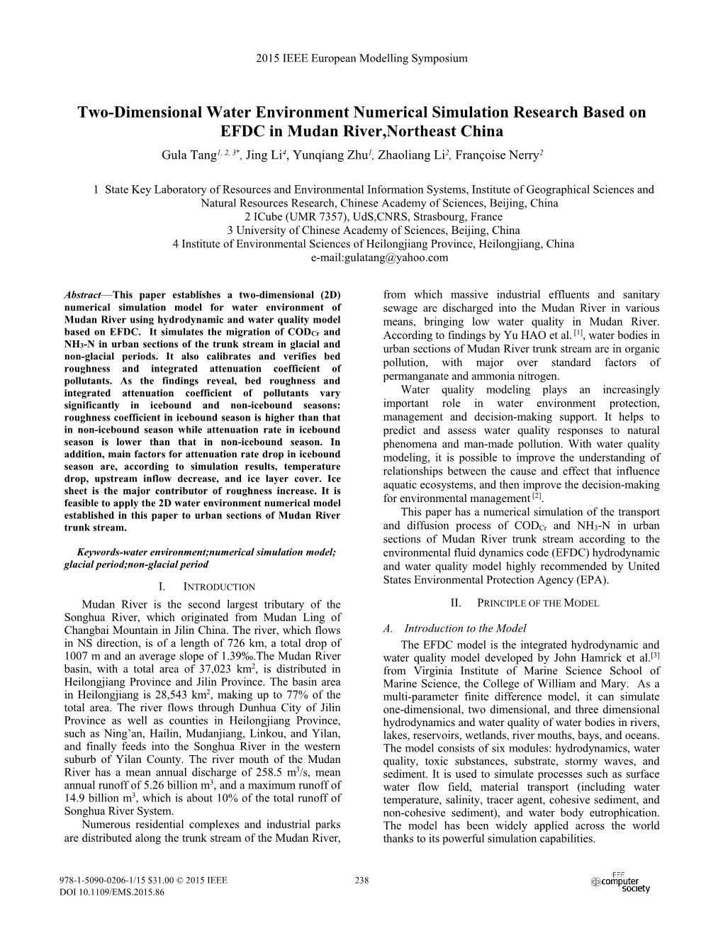 Two-Dimensional Water Environment Numerical Simulation Research Based on EFDC in Mudan River, Northeast China