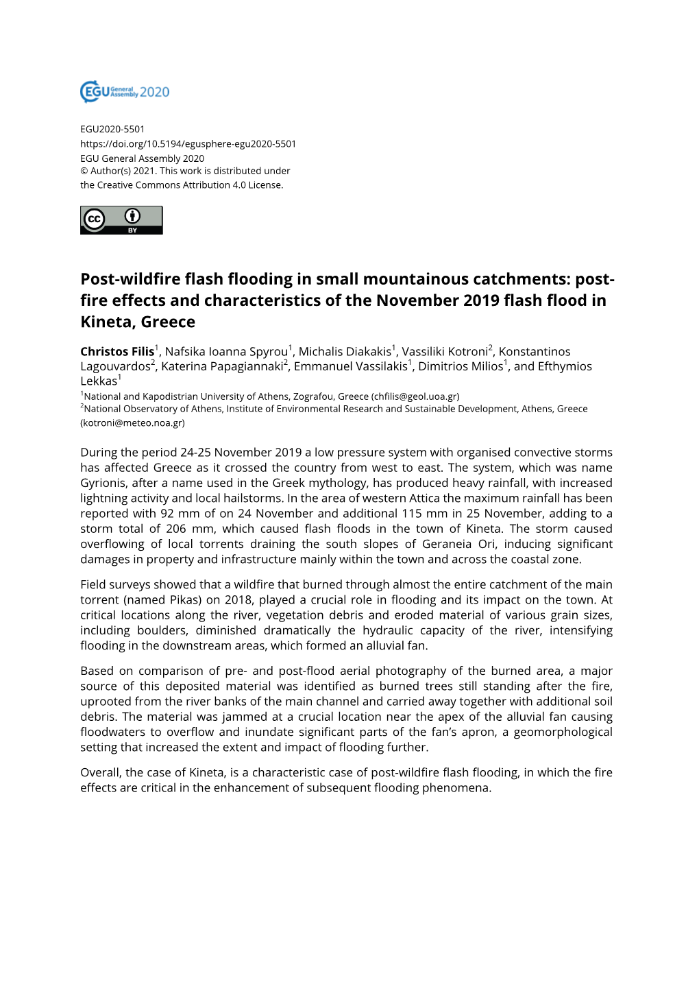 Post-Wildfire Flash Flooding in Small Mountainous Catchments: Post- Fire Effects and Characteristics of the November 2019 Flash Flood in Kineta, Greece