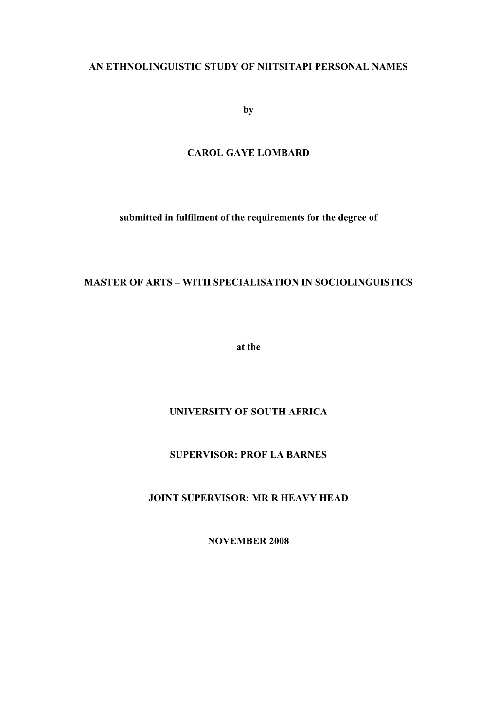 AN ETHNOLINGUISTIC STUDY of NIITSITAPI PERSONAL NAMES By