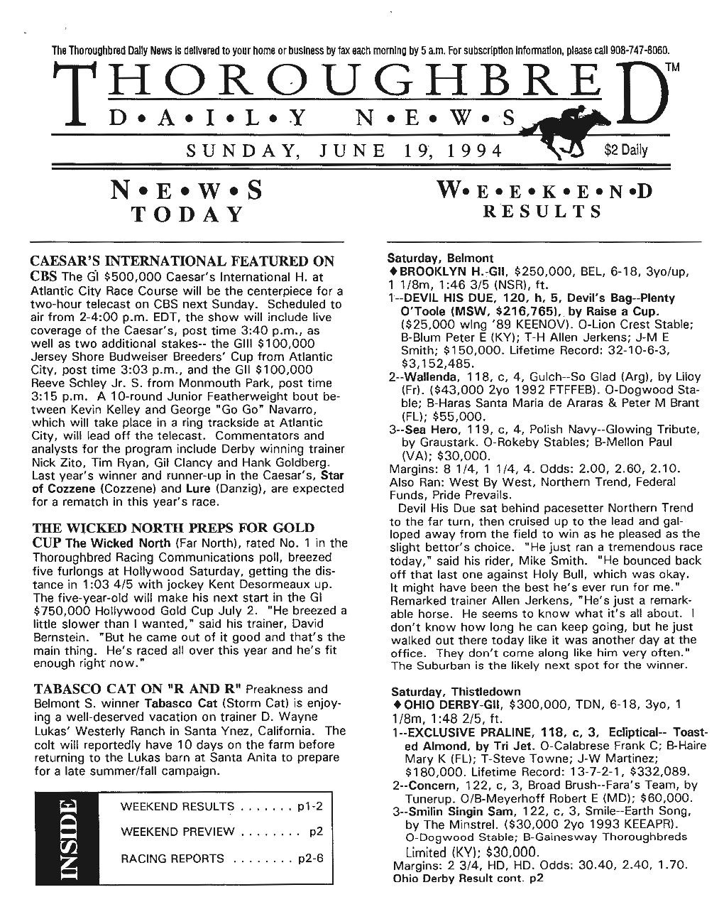 Roughbred Dally News Is Delivered to Your Home Or Business by Fax Each Morning by 5 A.M