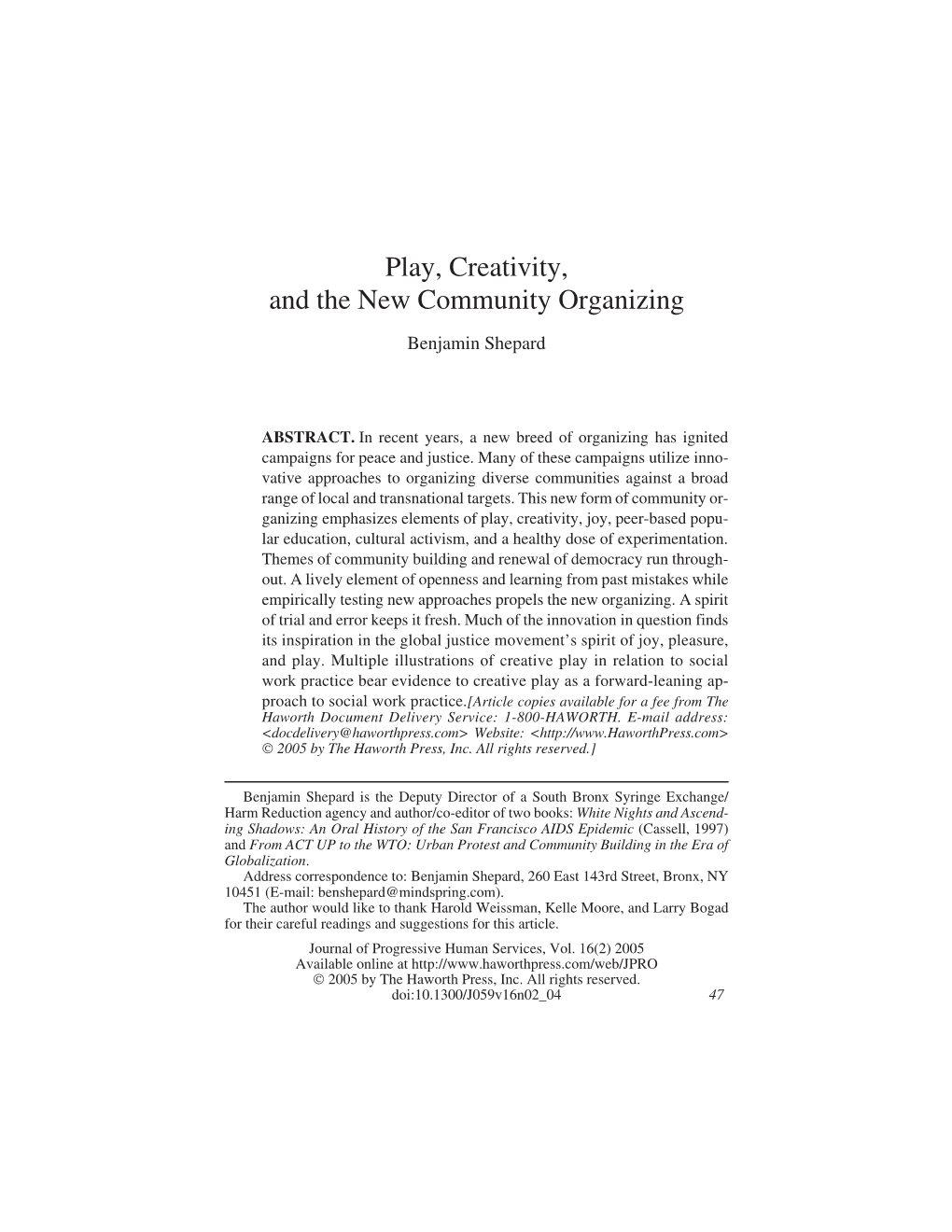 Play, Creativity, and the New Community Organizing