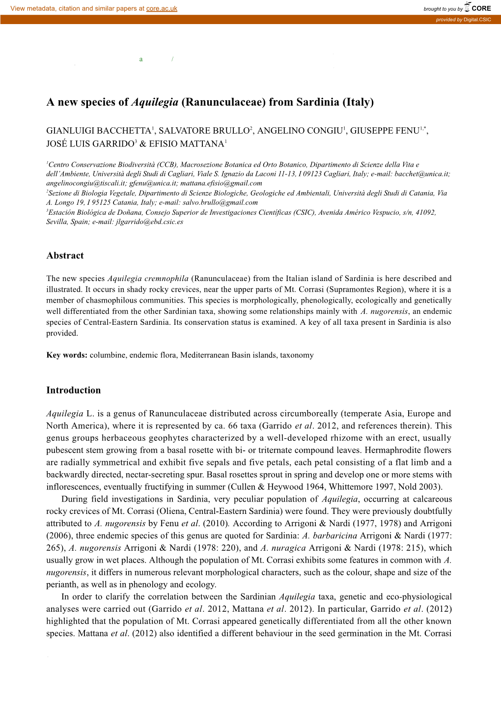 A New Species of Aquilegia (Ranunculaceae) from Sardinia (Italy)