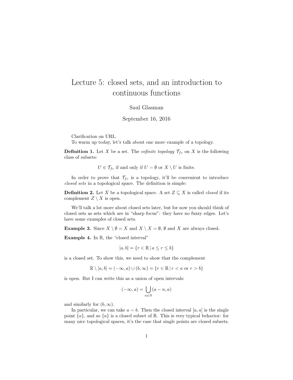 Lecture 5: Closed Sets, and an Introduction to Continuous Functions