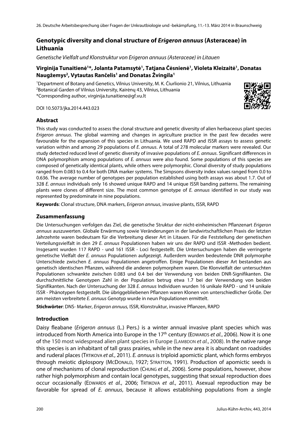 Genotypic Diversity and Clonal Structure of Erigeron Annuus