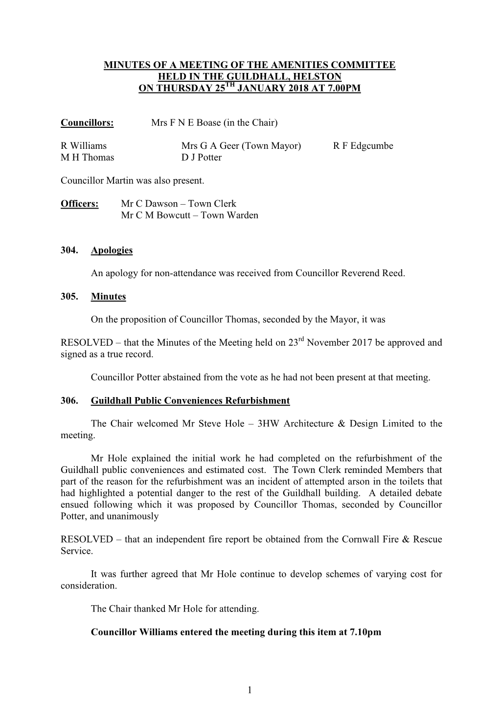 Minutes of a Meeting of Helston Town Council