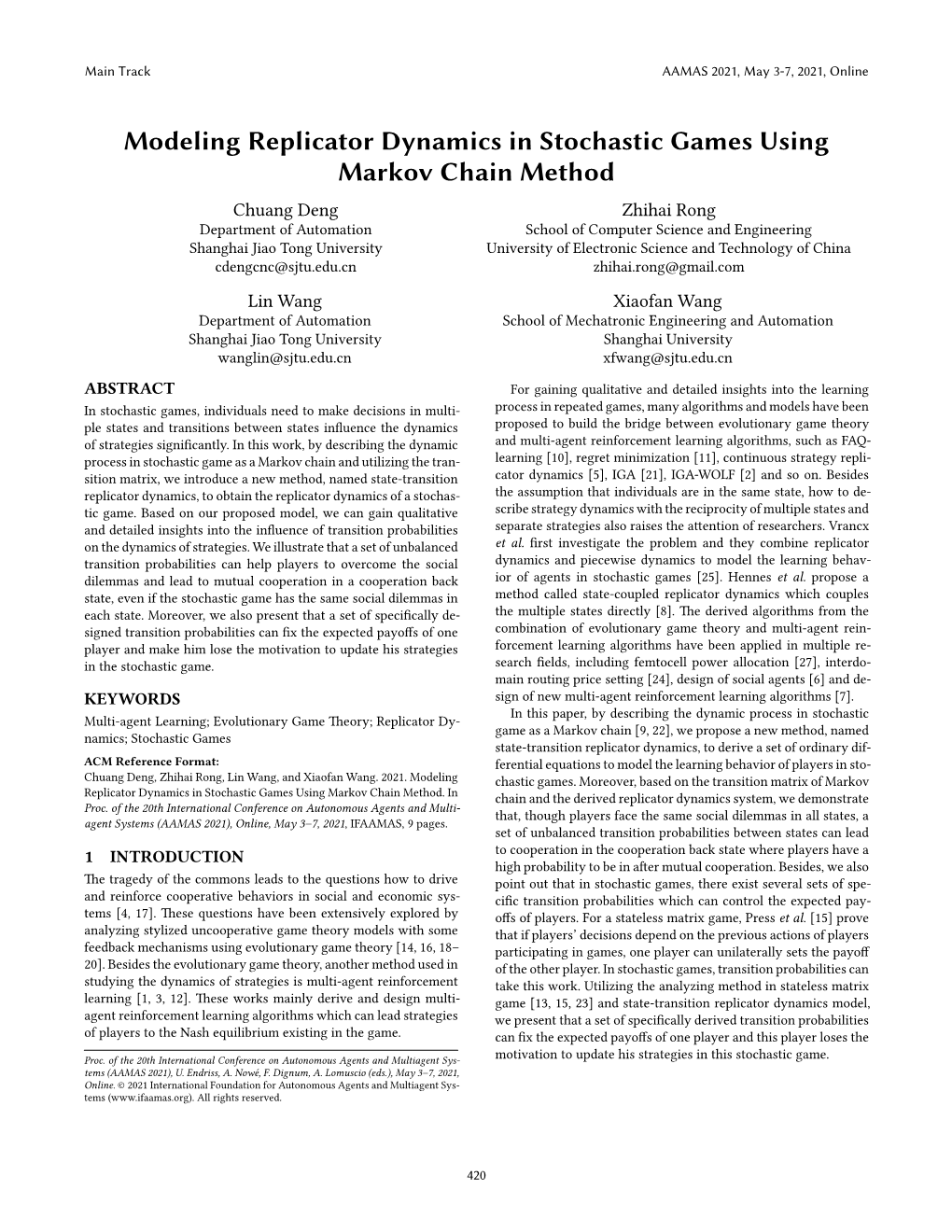 Modeling Replicator Dynamics in Stochastic Games Using Markov Chain Method