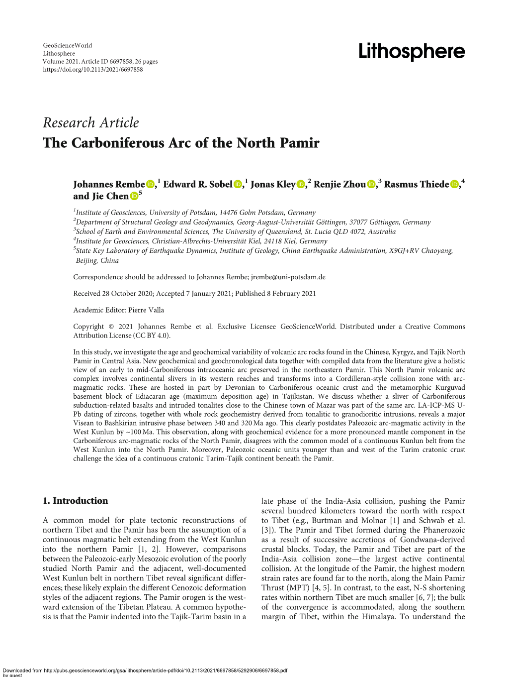 Research Article the Carboniferous Arc of the North Pamir