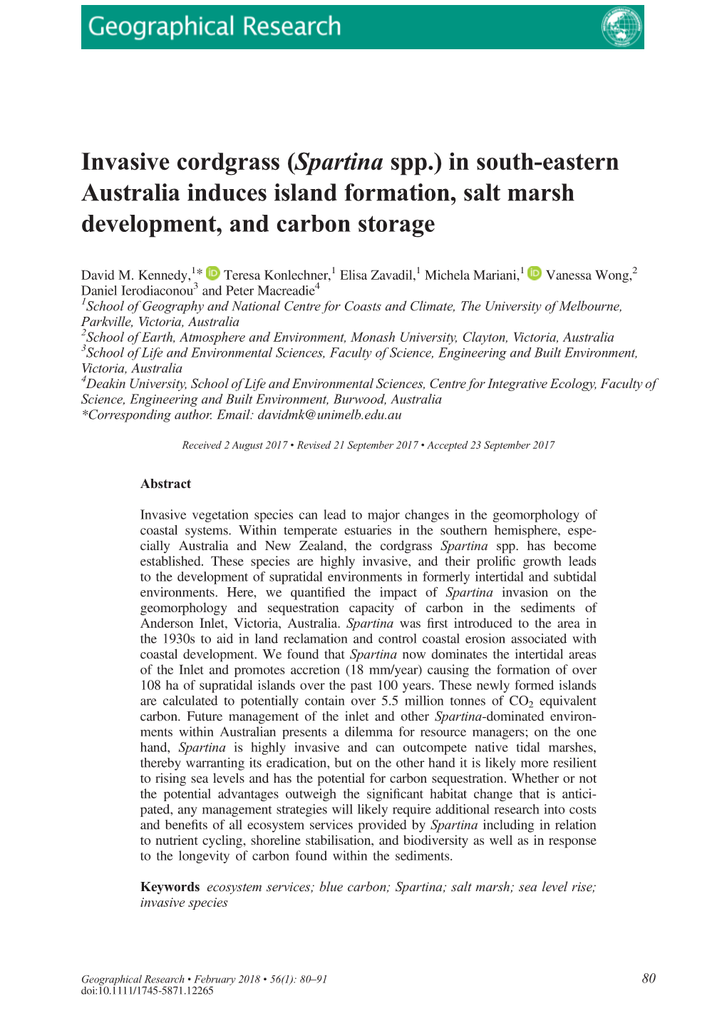 Spartina Spp.) in South-Eastern Australia Induces Island Formation, Salt Marsh Development, and Carbon Storage