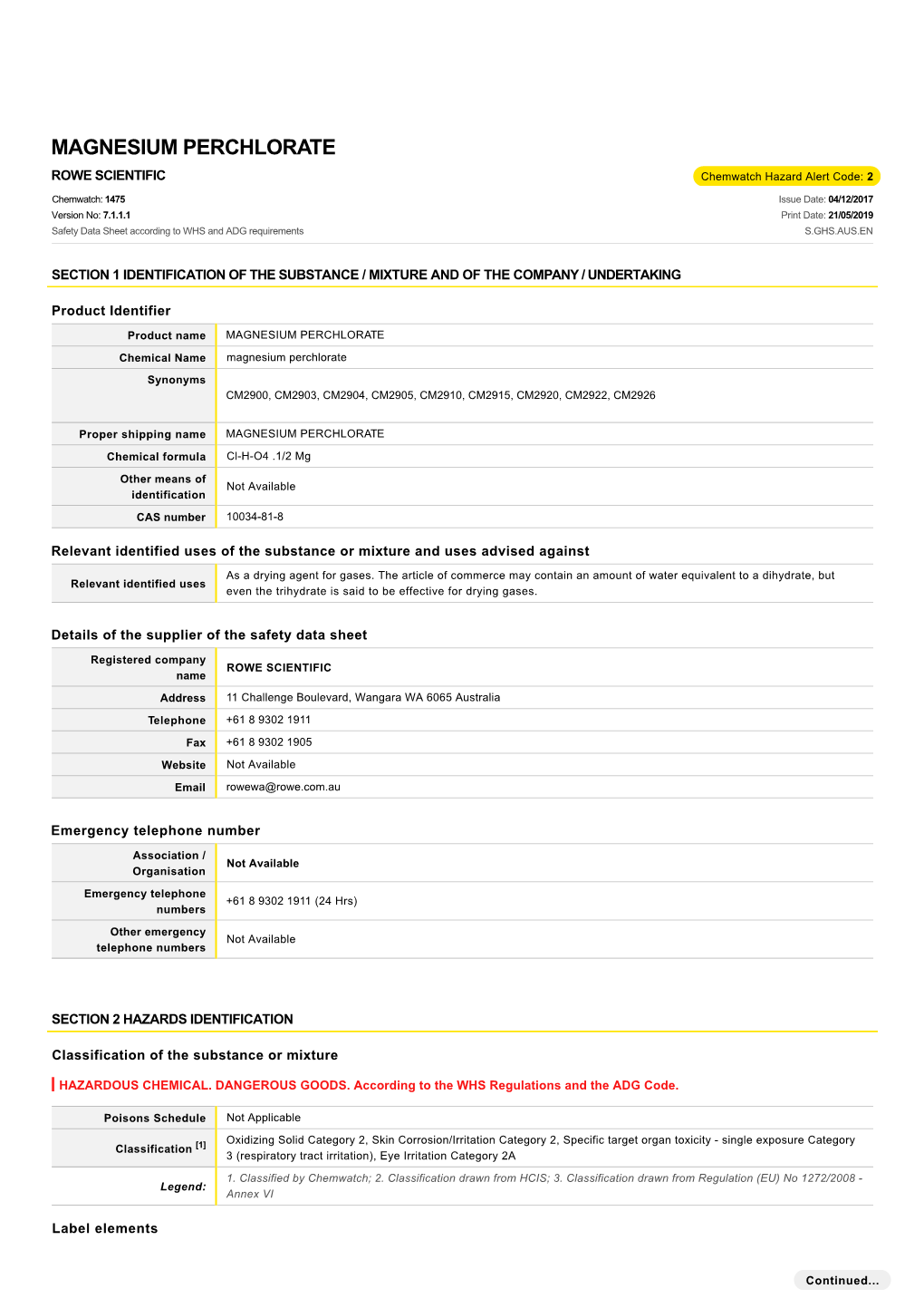 Magnesium Perchlorate