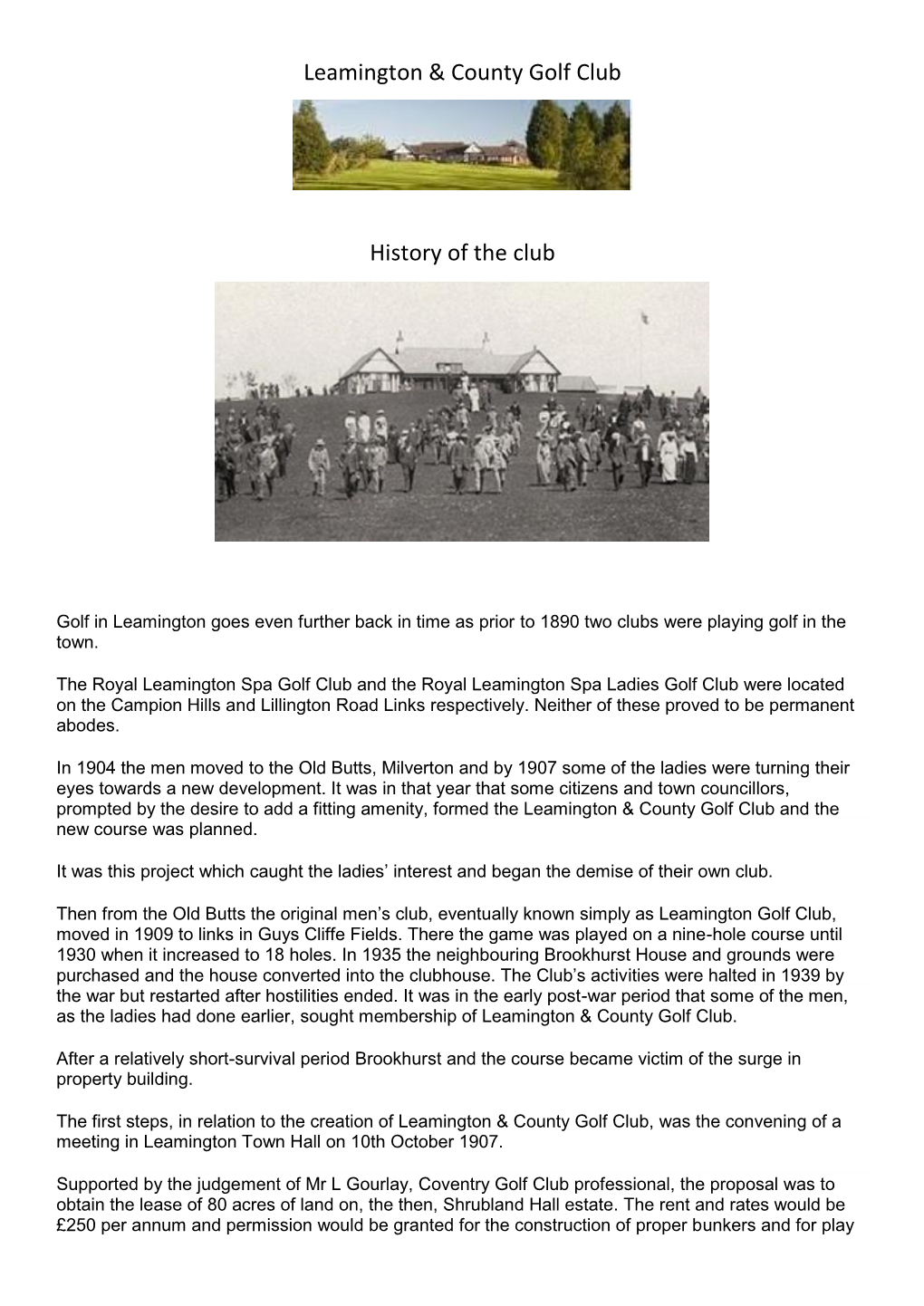 Leamington & County Golf Club History of the Club