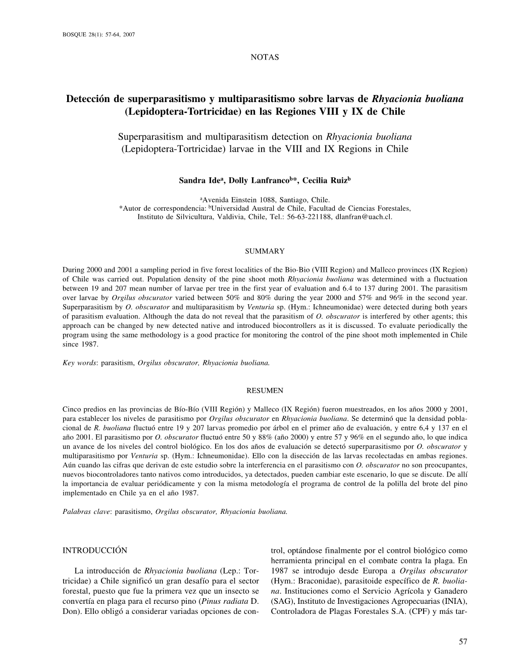 (Lepidoptera-Tortricidae) En Las Regiones VIII Y IX De Chile