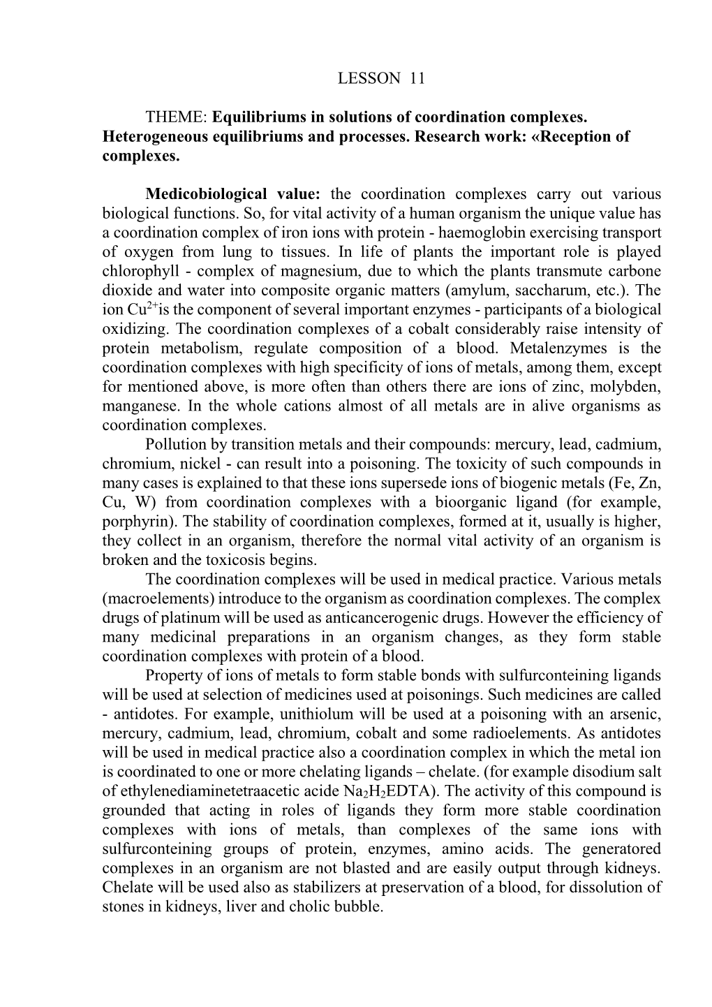 LESSON 11 THEME: Equilibriums in Solutions of Coordination Complexes