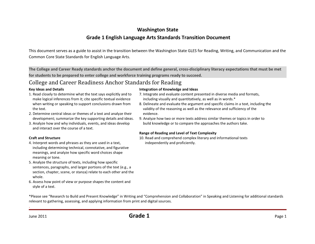 Grade 1 English Language Arts Standards Transition Document