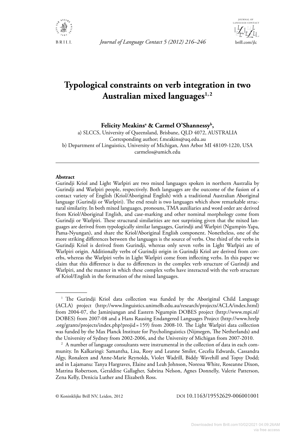 Typological Constraints on Verb Integration in Two Australian Mixed Languages1, 2