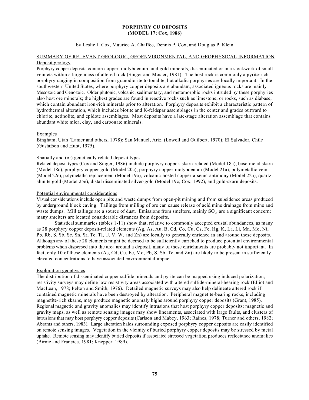 PORPHYRY CU DEPOSITS (MODEL 17; Cox, 1986) by Leslie J. Cox