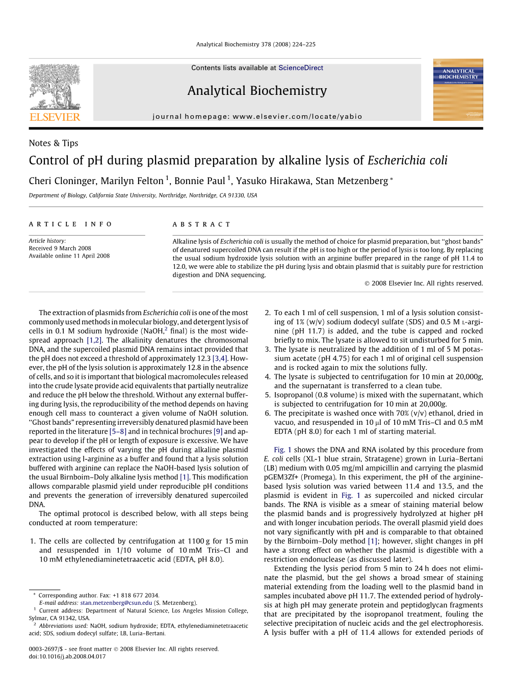 Control of Ph During Plasmid Preparation by Alkaline Lysis of Escherichia Coli