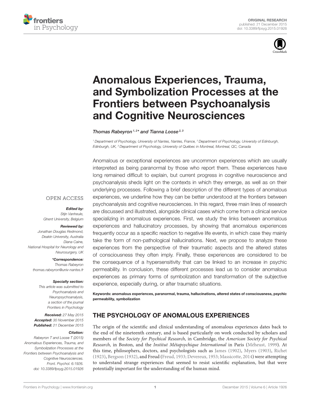 Anomalous Experiences, Trauma, and Symbolization Processes at the Frontiers Between Psychoanalysis and Cognitive Neurosciences