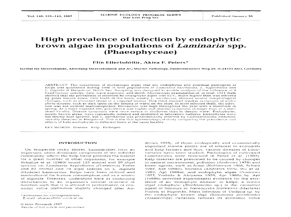 High Prevalence of Infection by Endophytic Brown Algae in Populations of Laminariaspp