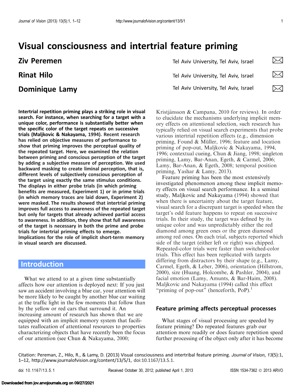 Visual Consciousness and Intertrial Feature Priming