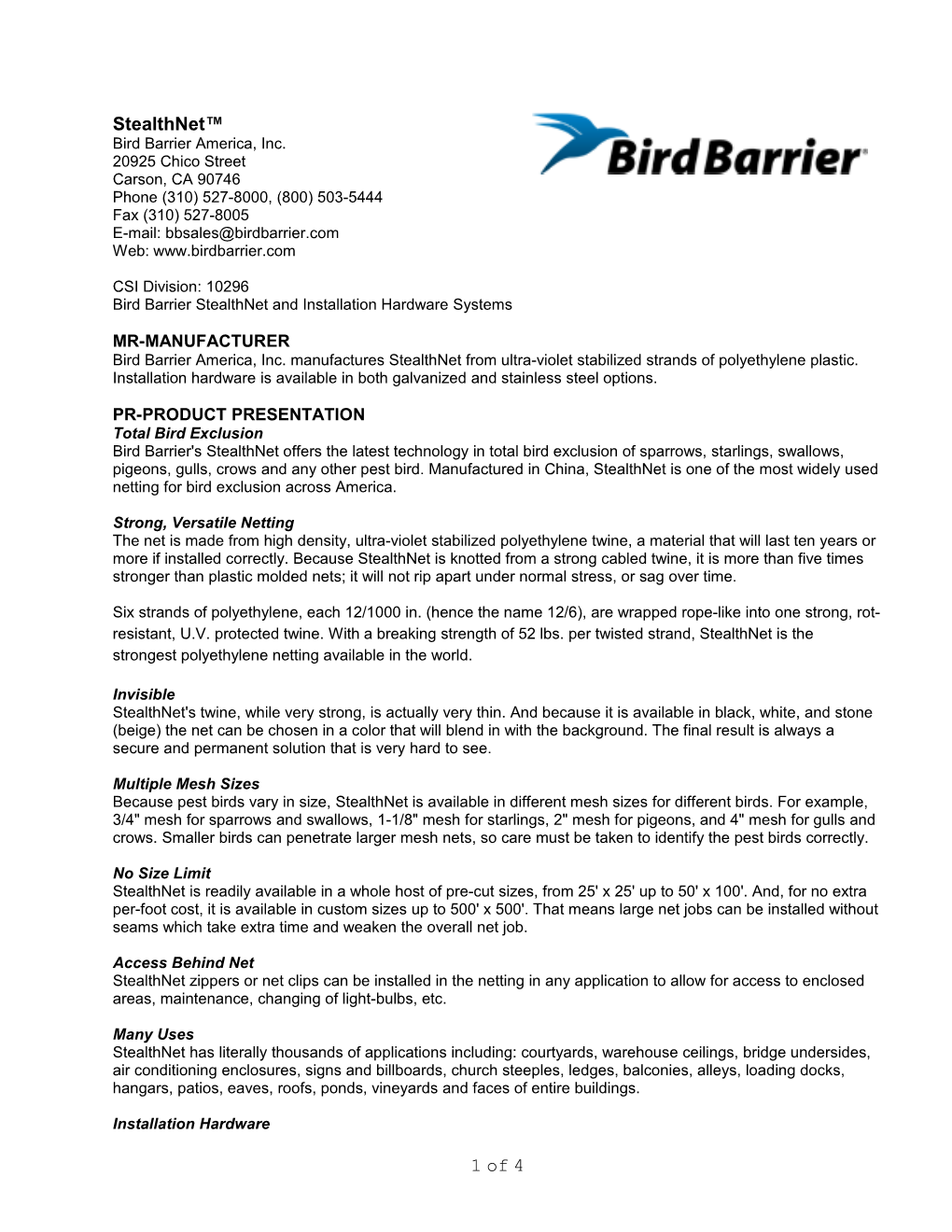 Bird Barrier Stealthnet and Installation Hardware Systems