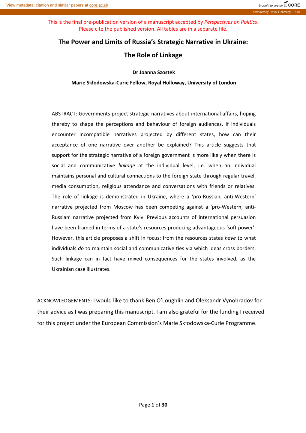 The Power and Limits of Russia's Strategic Narrative in Ukraine