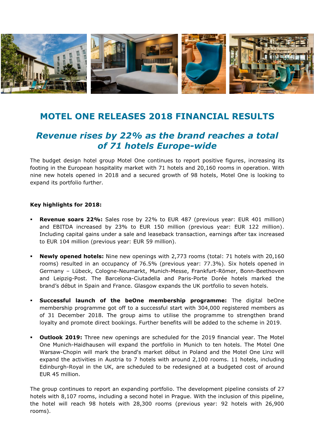 MOTEL ONE RELEASES 2018 FINANCIAL RESULTS Revenue