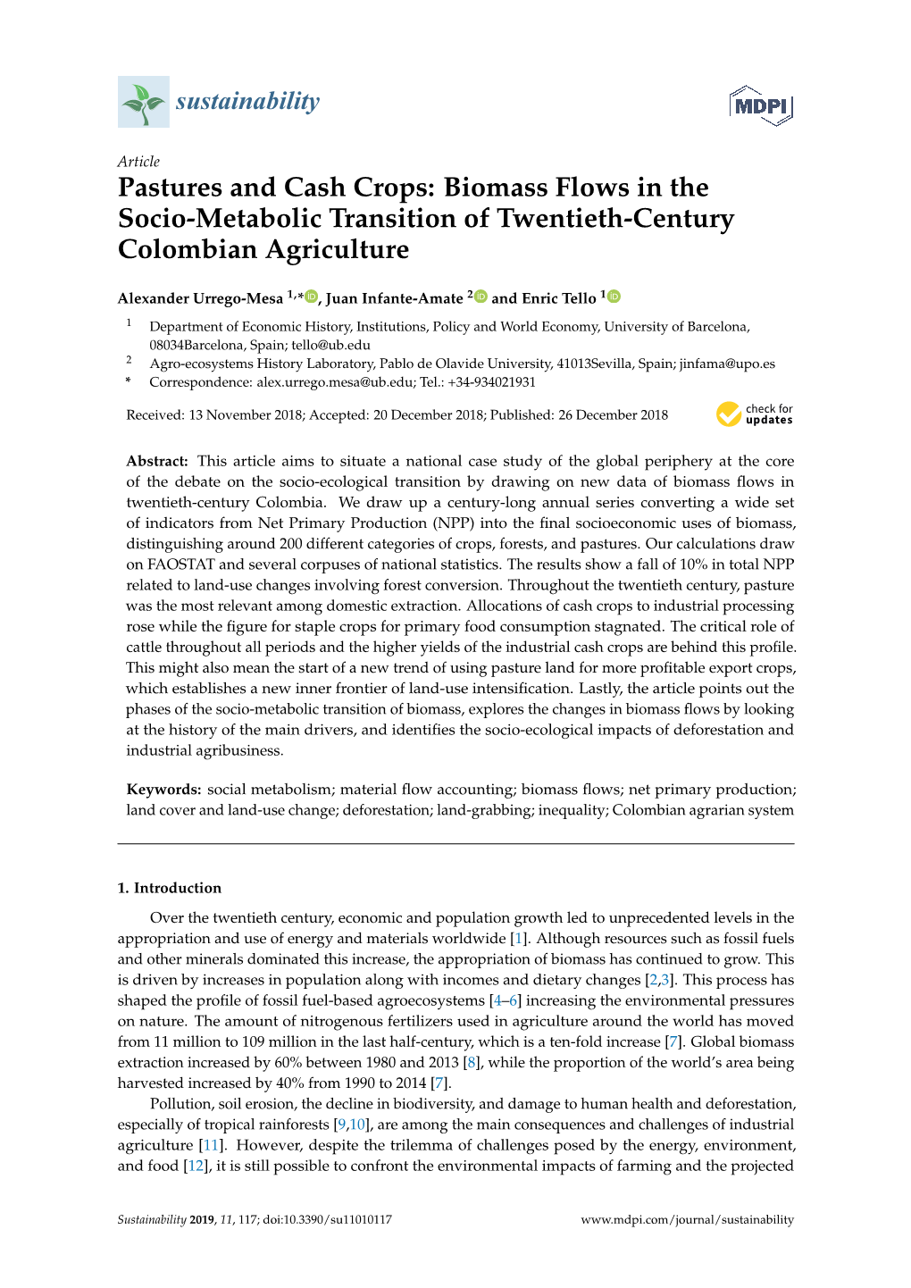 Pastures and Cash Crops: Biomass Flows in the Socio-Metabolic Transition of Twentieth-Century Colombian Agriculture