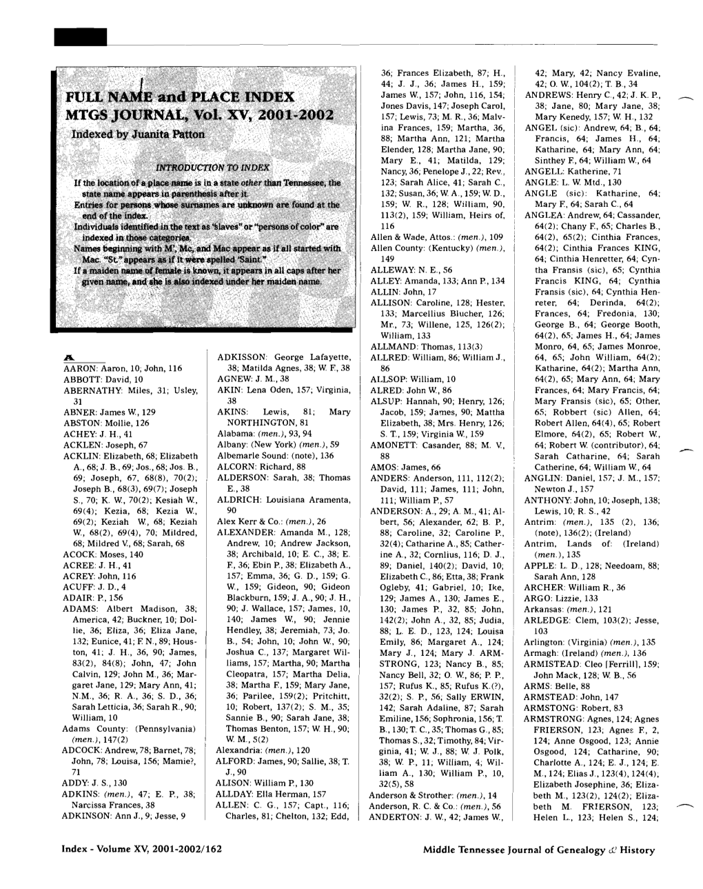 Middle Tennessee Journal of Genealogy L1history Ida D., 124(2); James, 123, AVANT: Alfred Scott