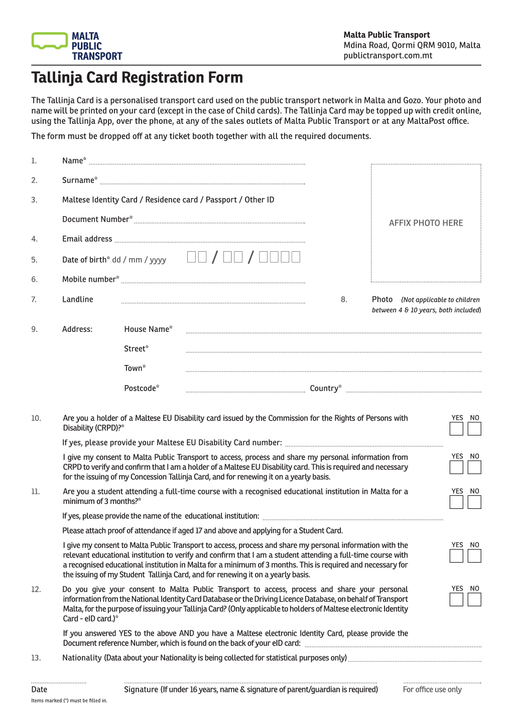 Tallinja Card Registration Form