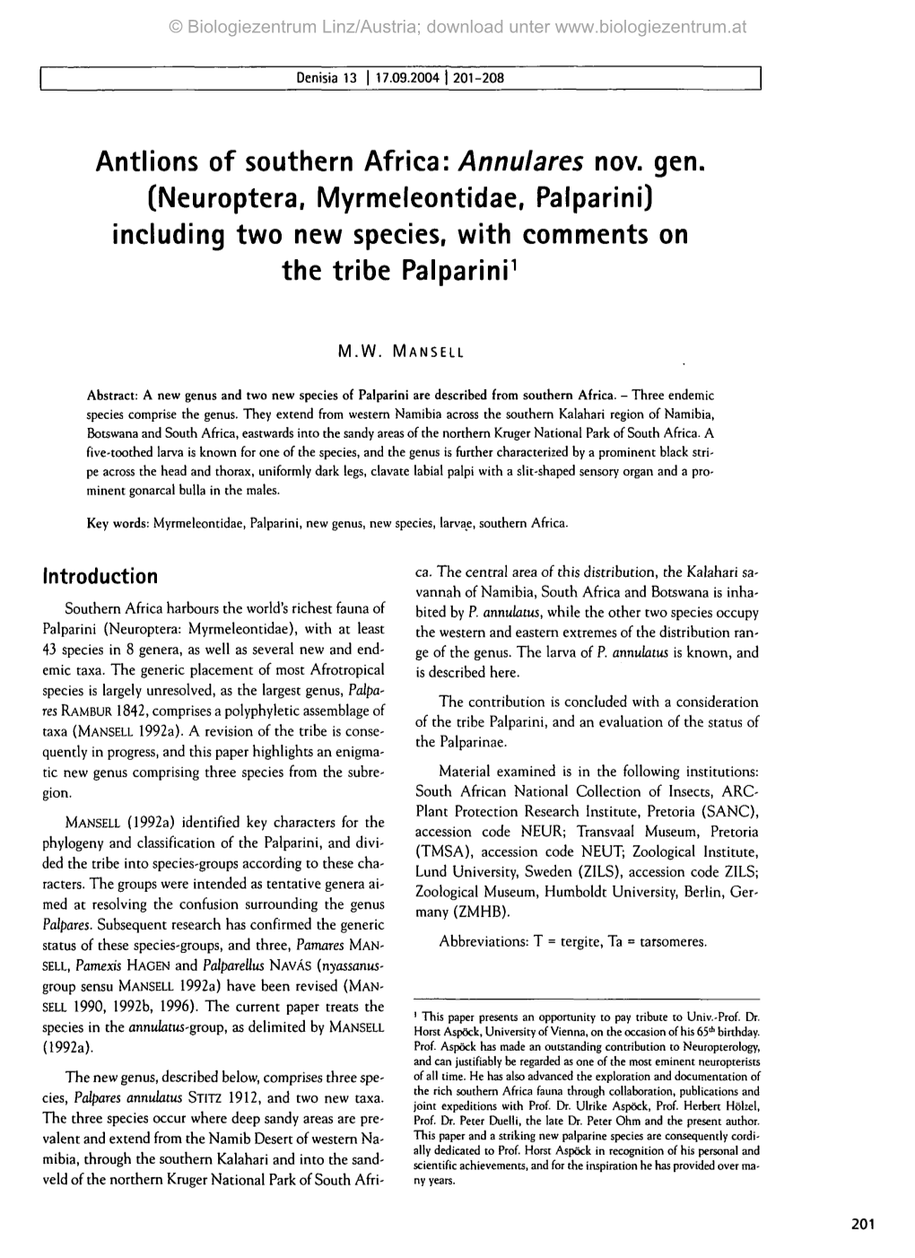 Annulares Nov. Gen. (Neuroptera, Myrmeleontidae, Palparini) Including Two New Species, with Comments on the Tribe Palparini1