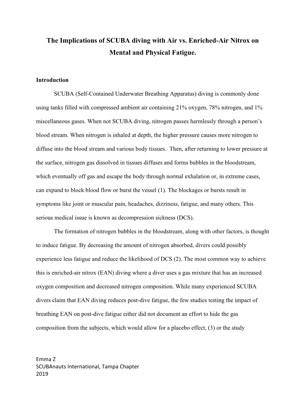 The Implications of SCUBA Diving with Air Vs. Enriched-Air Nitrox on Mental and Physical Fatigue