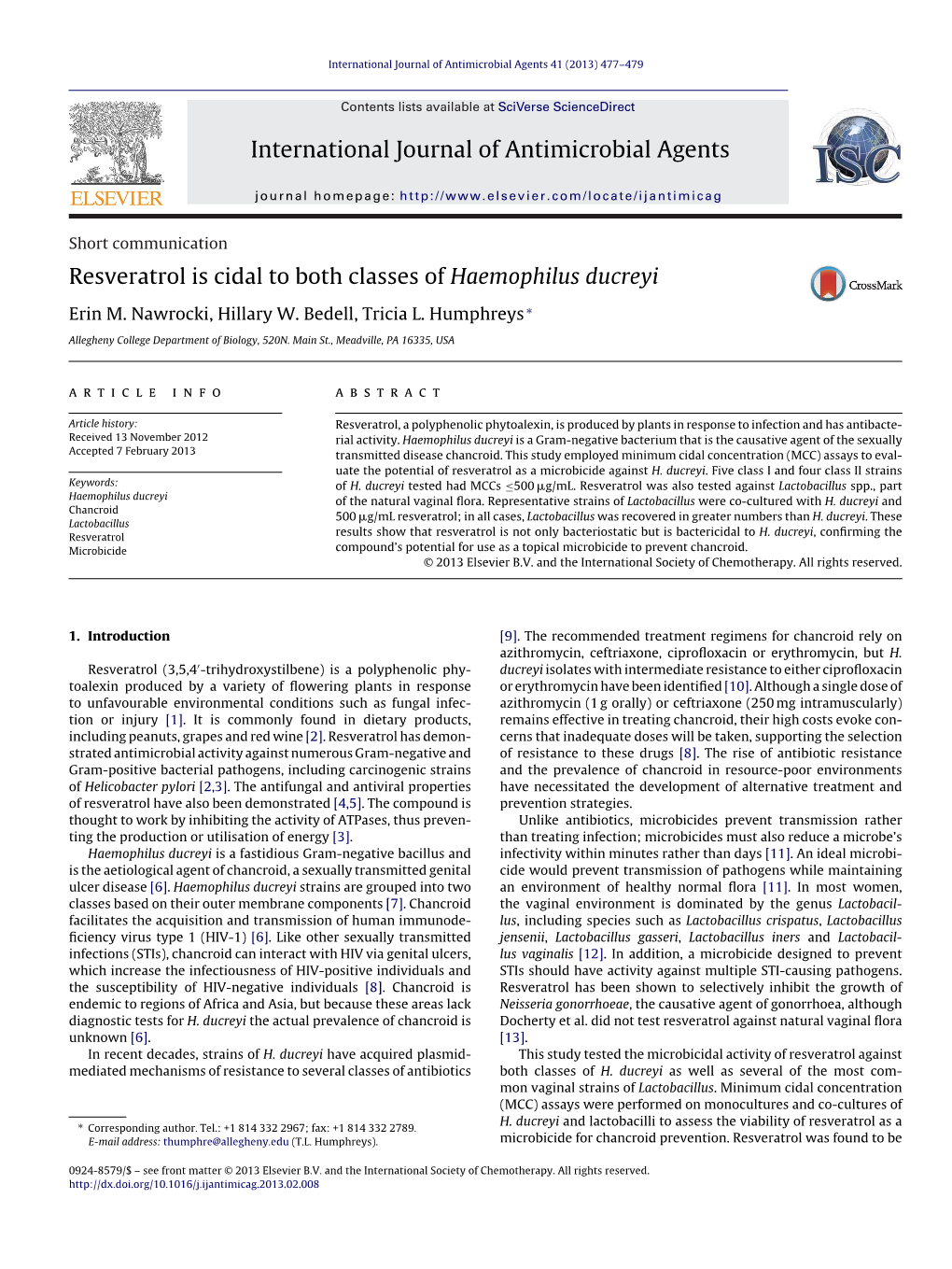 Resveratrol Is Cidal to Both Classes of Haemophilus Ducreyi