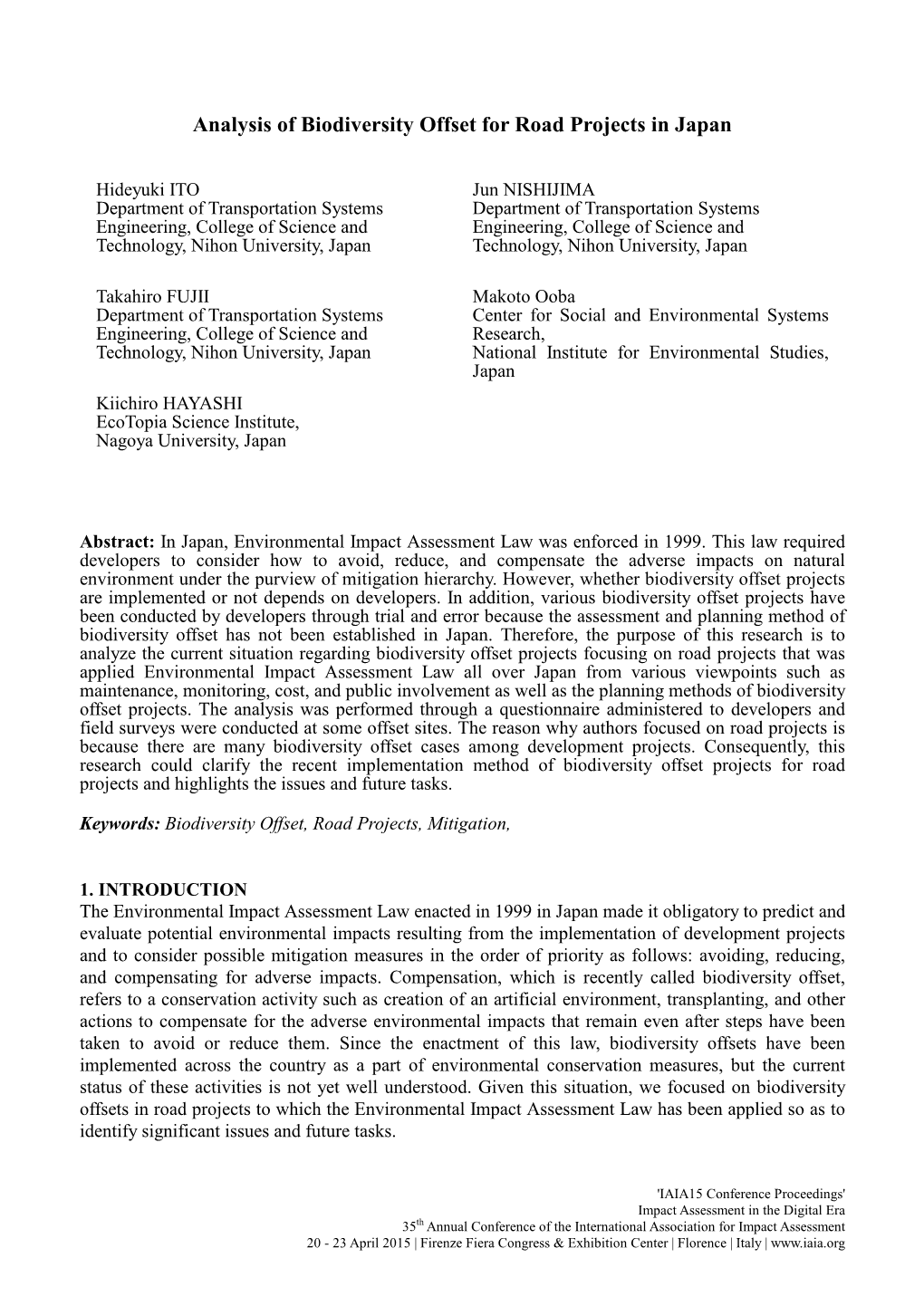 Analysis of Biodiversity Offset for Road Projects in Japan