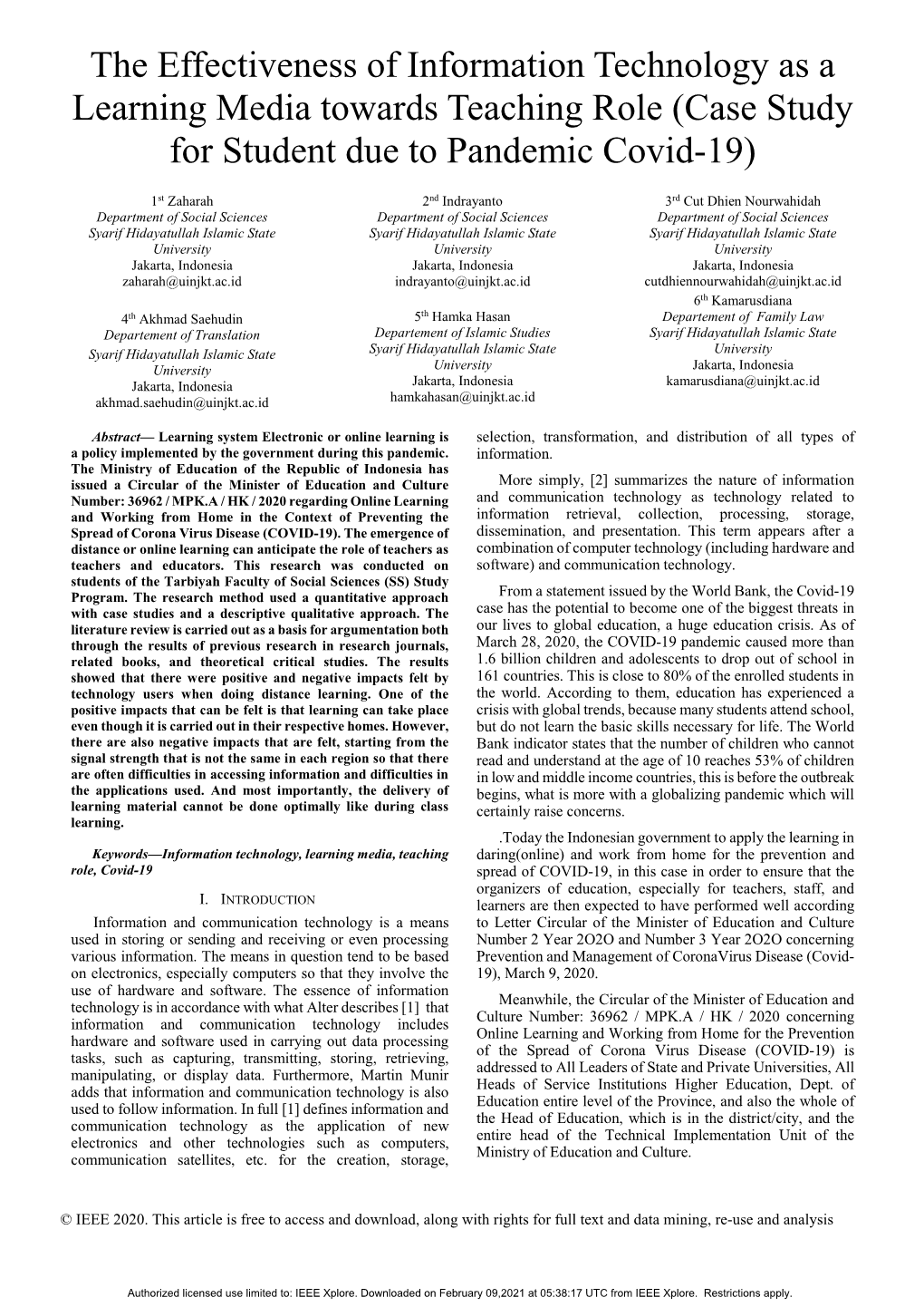 The Effectiveness of Information Technology As a Learning Media Towards Teaching Role (Case Study for Student Due to Pandemic Covid-19)