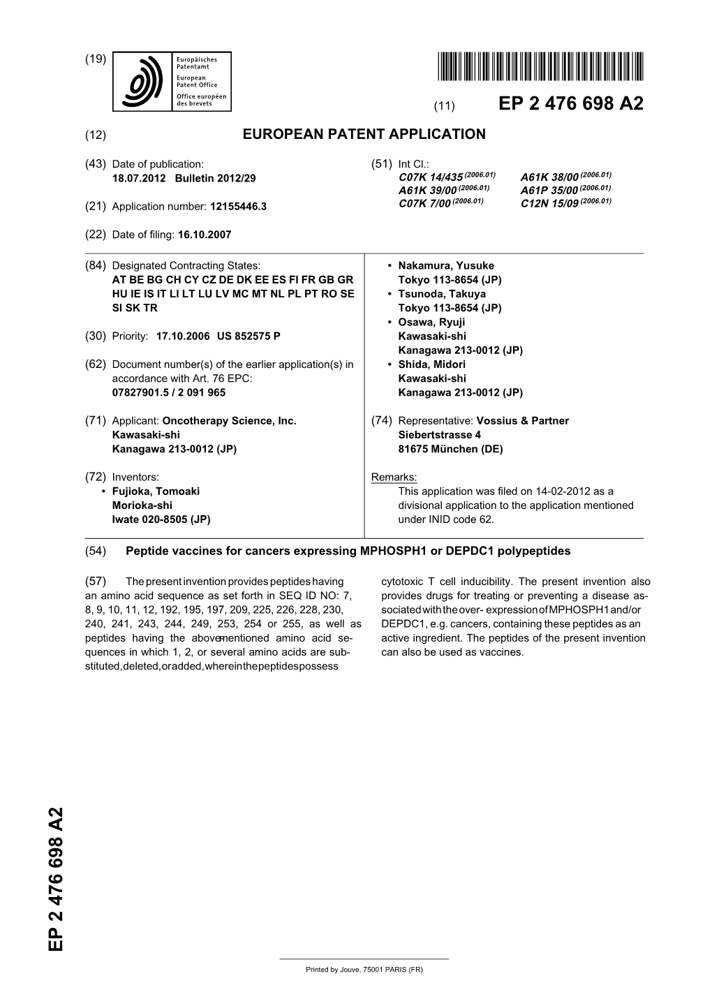 Peptide Vaccines for Cancers Expressing MPHOSPH1 Or DEPDC1 Polypeptides