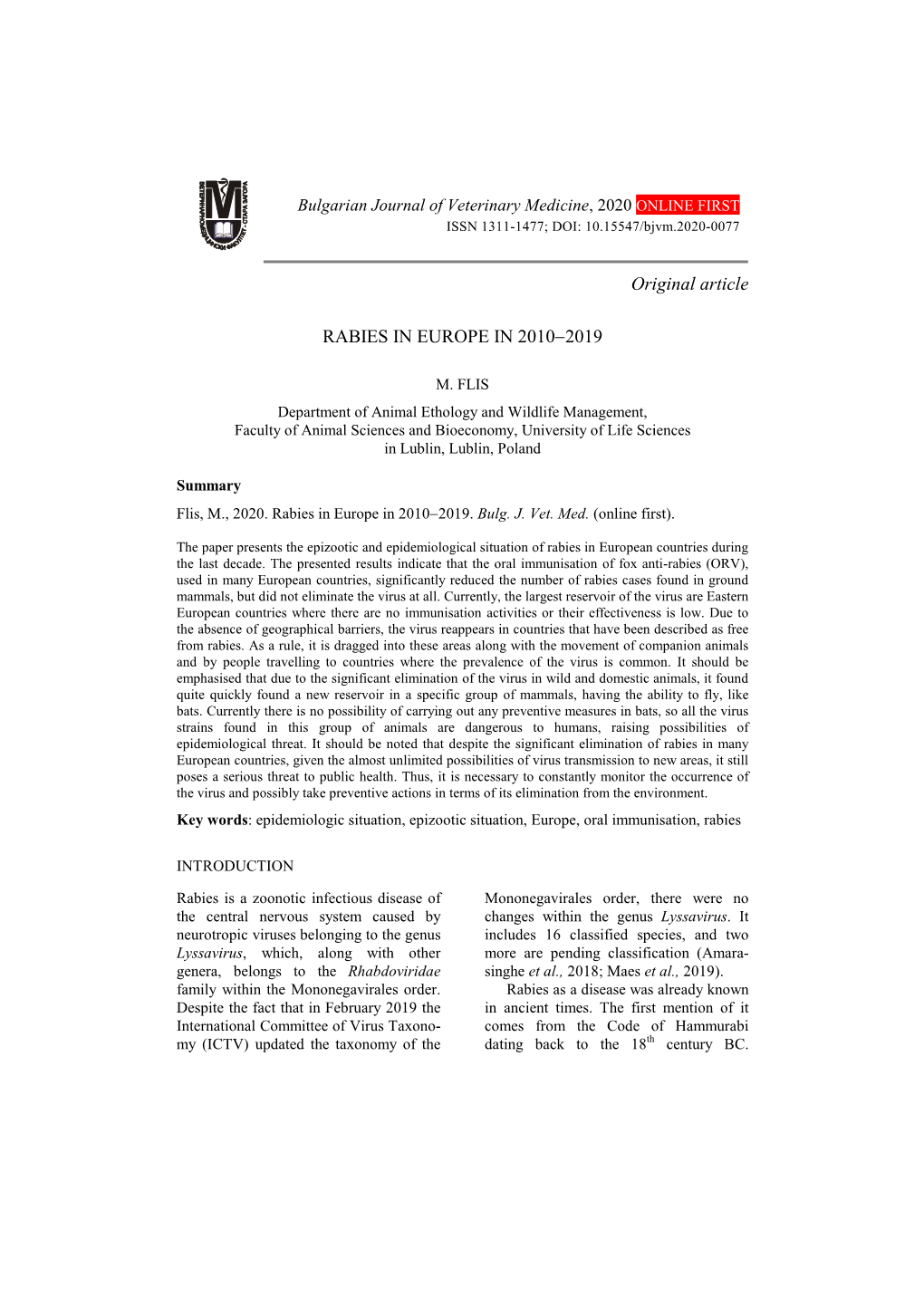 Original Article RABIES in EUROPE in 2010-2019