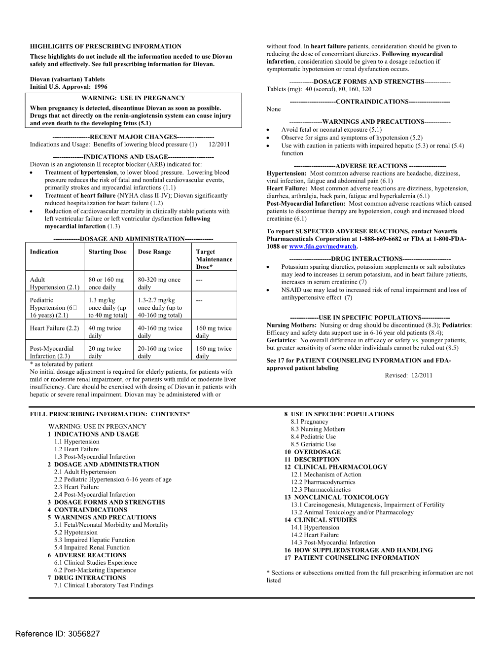 Diovan (Valsartan) Tablets ------DOSAGE FORMS and STRENGTHS------Initial U.S