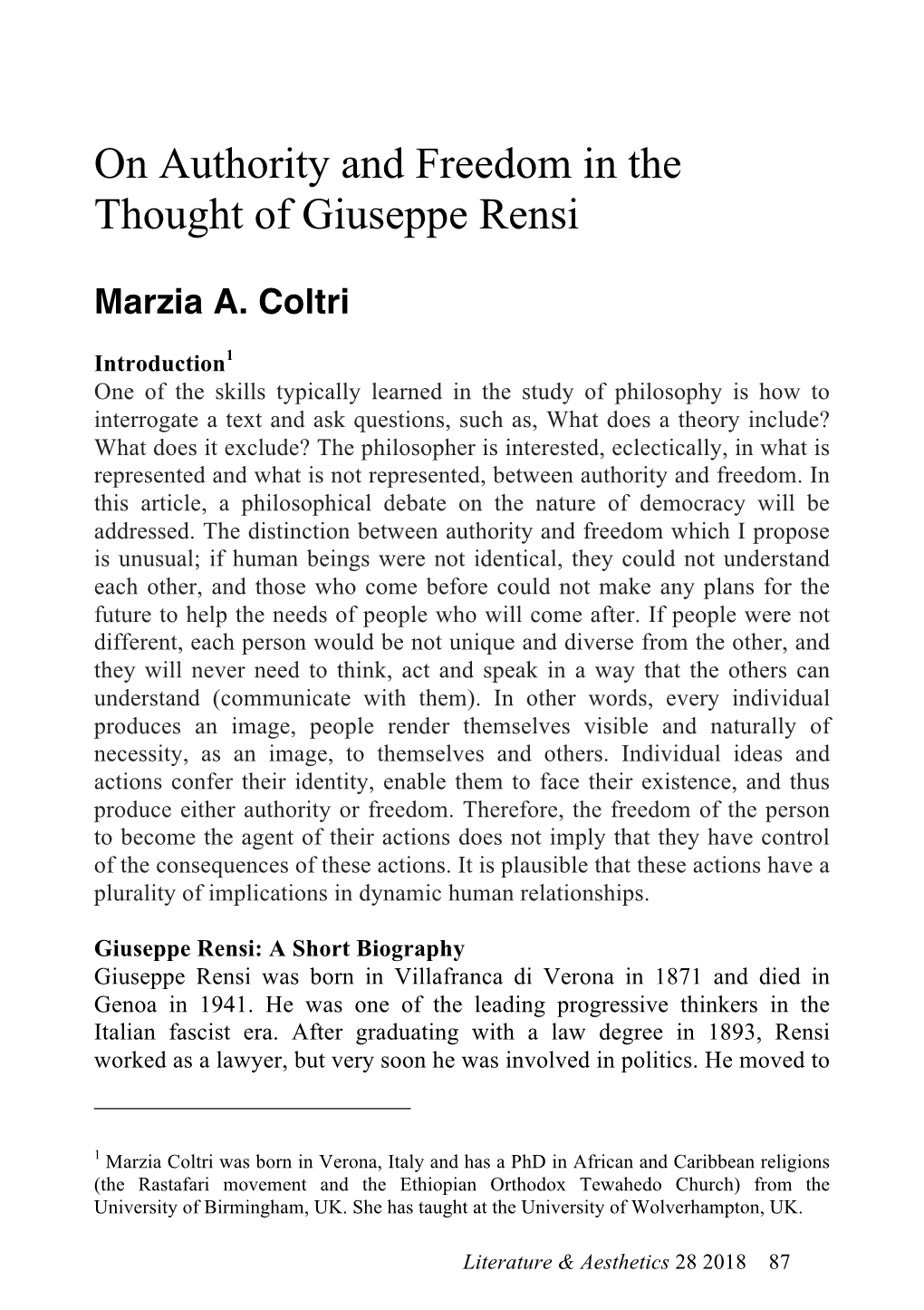 On Authority and Freedom in the Thought of Giuseppe Rensi