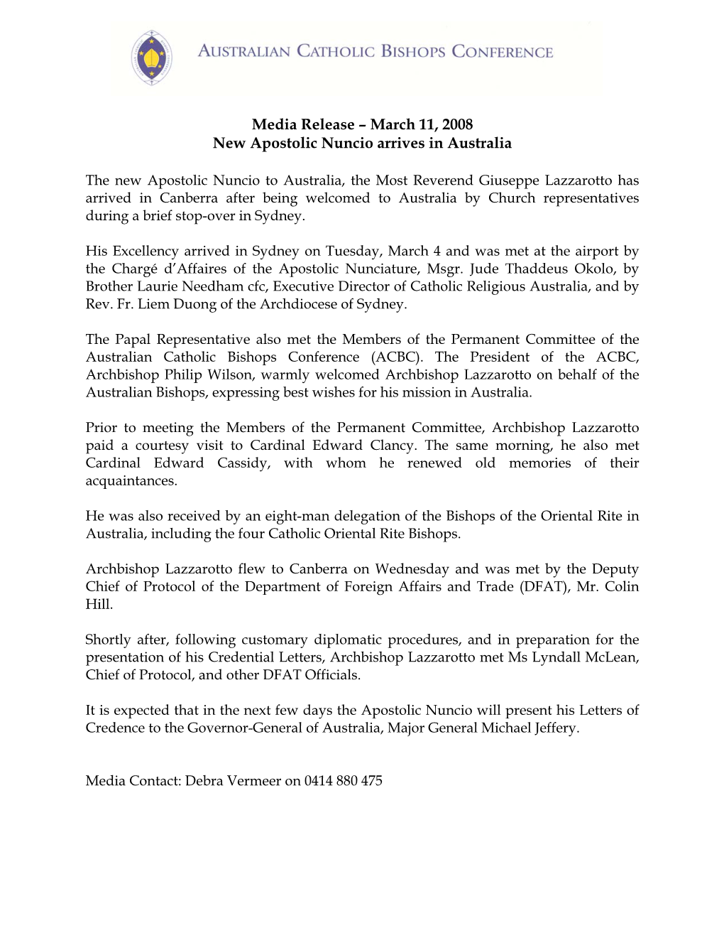 Media Release – March 11, 2008 New Apostolic Nuncio Arrives in Australia