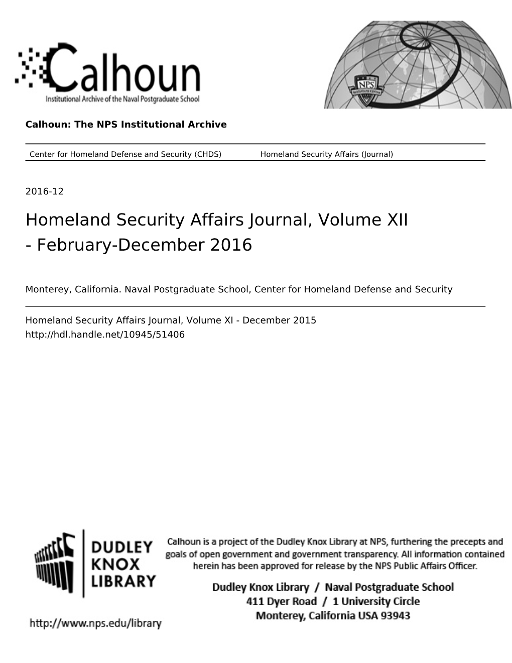 Homeland Security Affairs Journal, Volume XII - February-December 2016