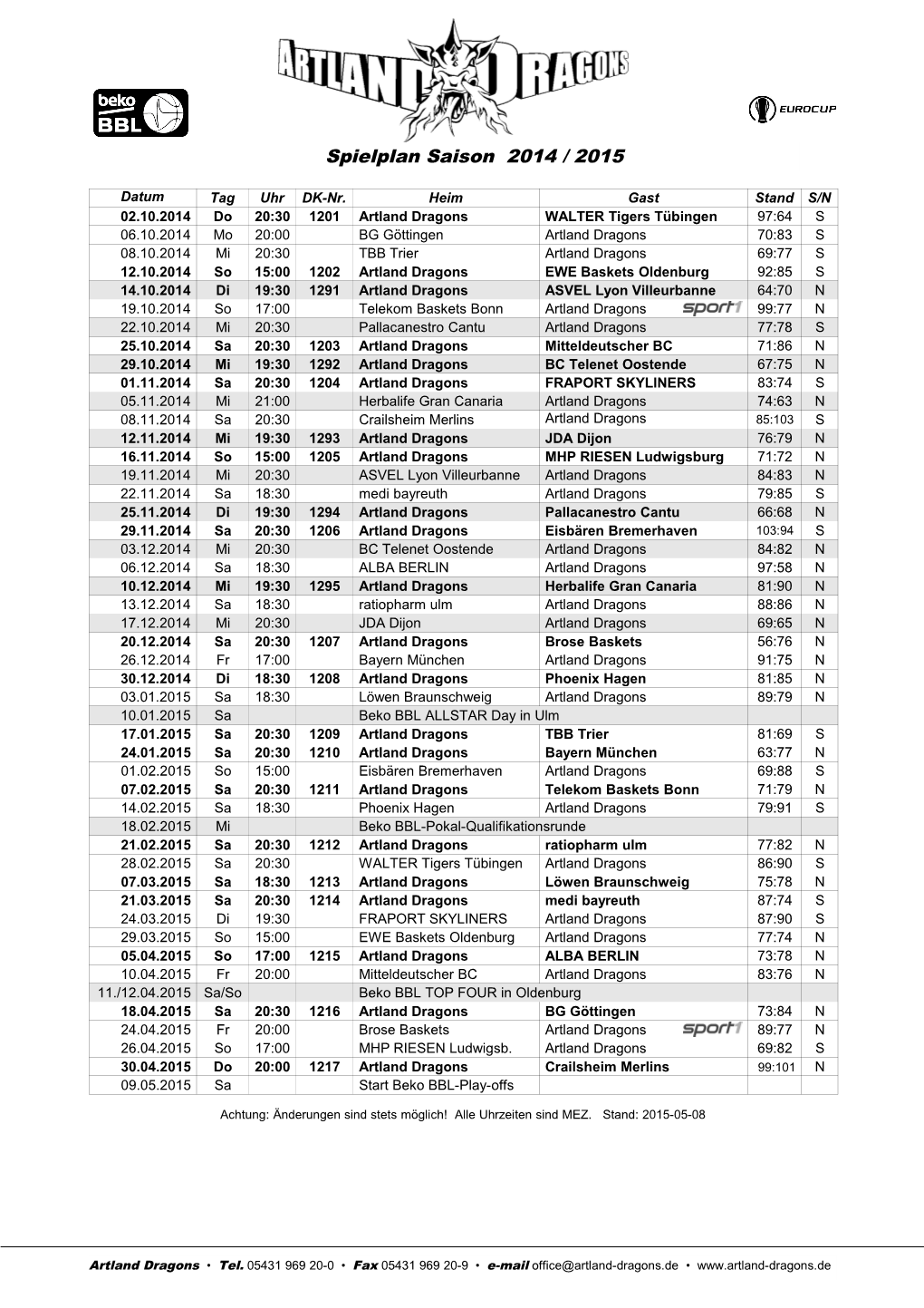 Spielplan Saison 2014 / 2015