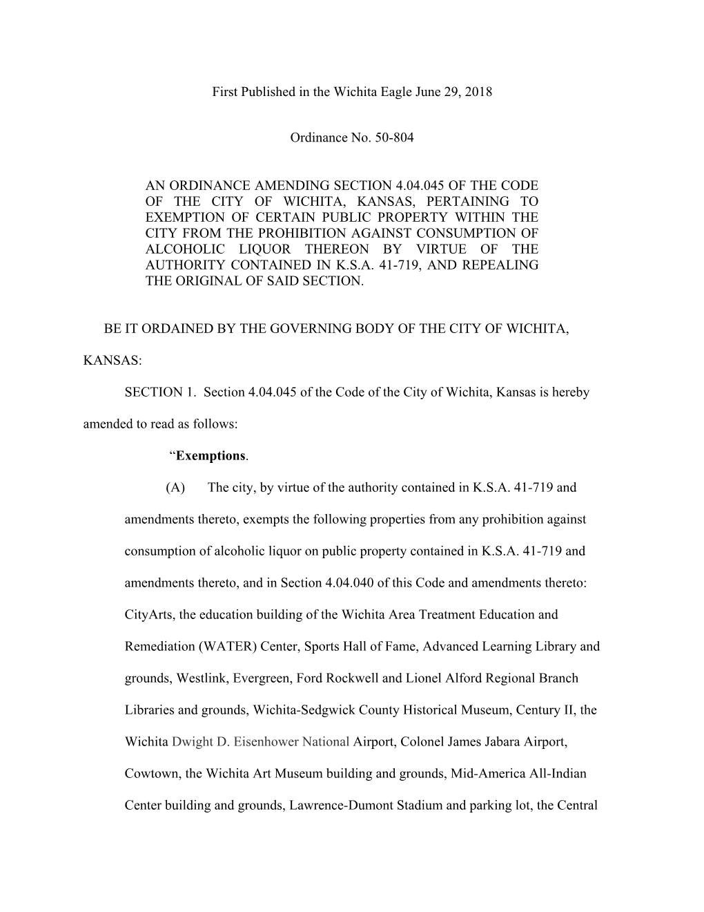 50-804 Amending Section 4.04.045 Pertaining to Areas Exempted for Alcohol Consumption