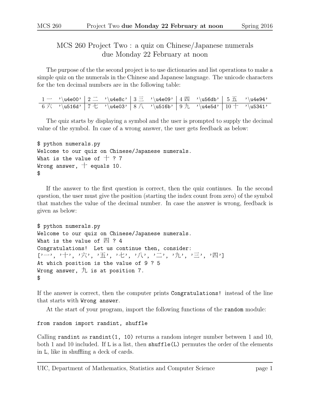 MCS 260 Project Two : a Quiz on Chinese/Japanese Numerals Due Monday 22 February at Noon