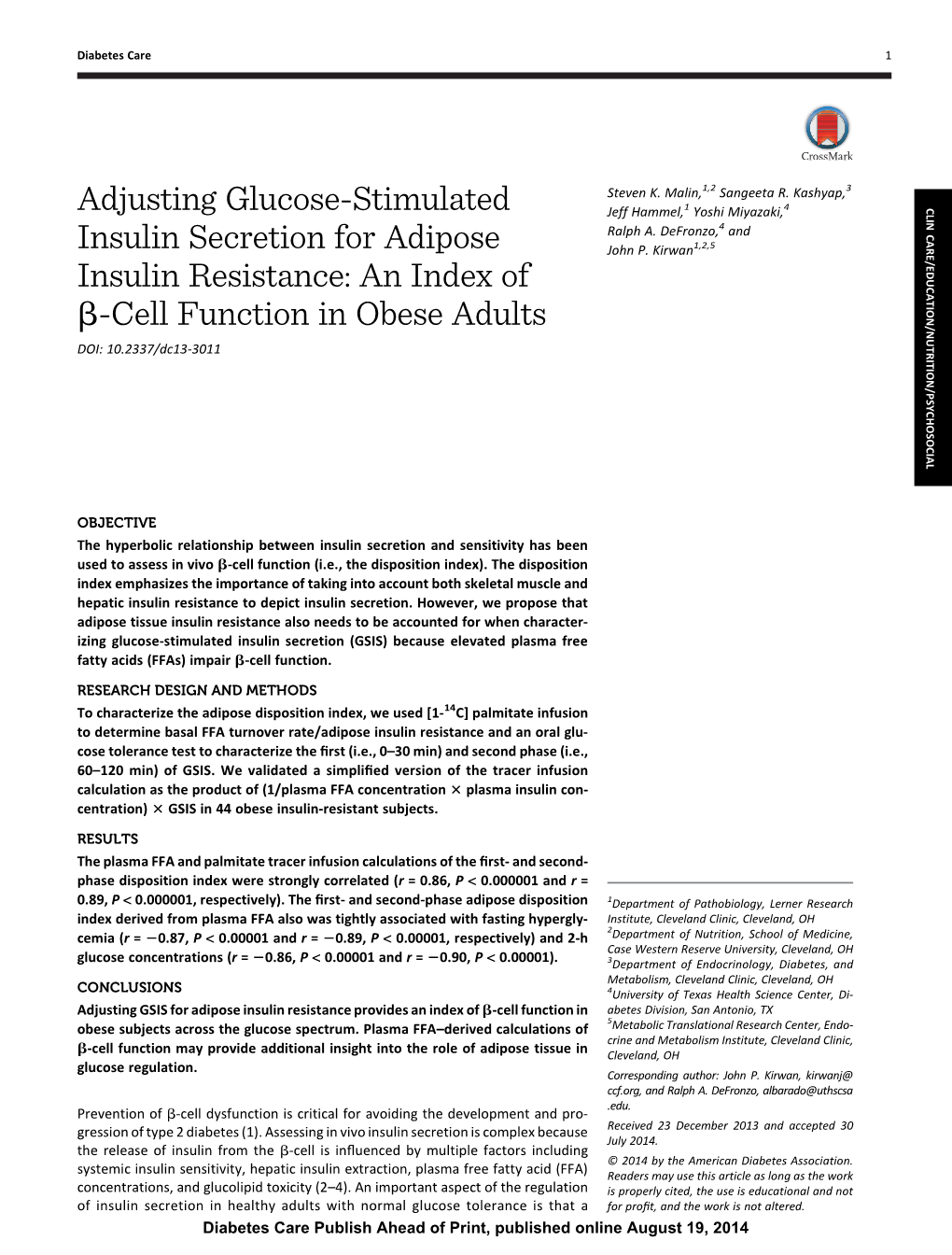 Adjusting Glucose-Stimulated Insulin Secretion for Adipose Insulin