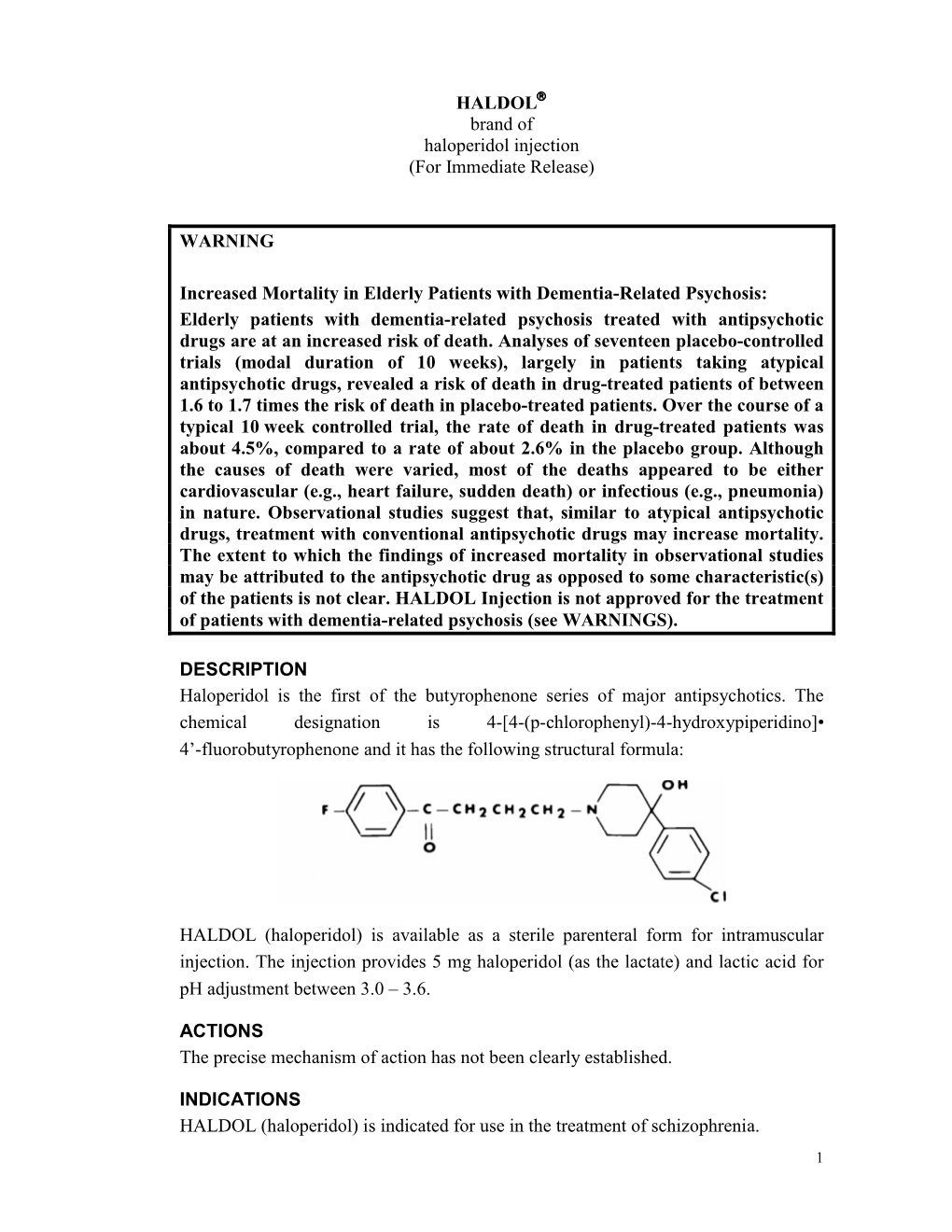 HALDOL Brand of Haloperidol Injection